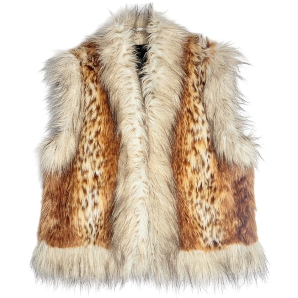 Damselle Tonya Shaggy Fur Vest Womens XL L Penny Lane Lynx Fox Cheetah Glam $128